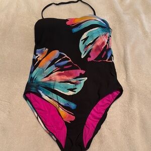 La Blanca Black and Pink One Piece Swimsuit with Halter Top.
